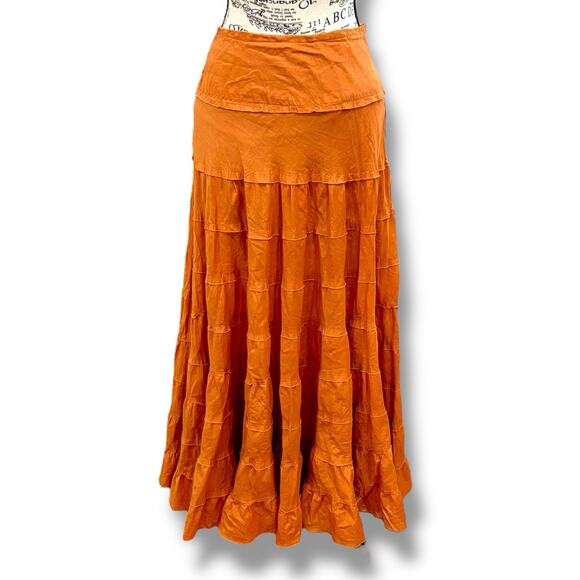 Silvergate Size L Orange 100% Cotton Tiered Midi Peasant Skirt Boho Cottage - Picture 1 of 5